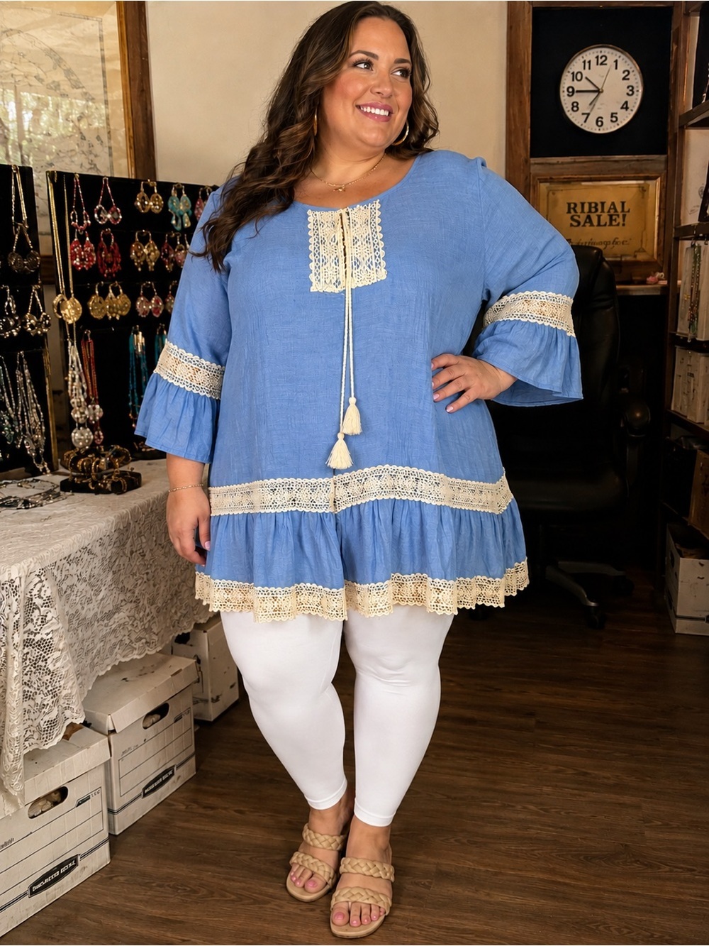 Simply Couture Light Blue Crochet-Trim Peasant Tunic